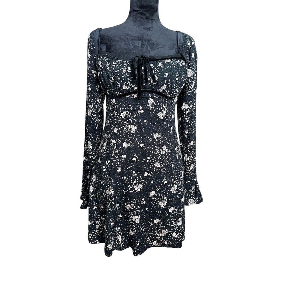 Free People Tess Mini Dress Black Floral Velvet Lace Long Sleeve